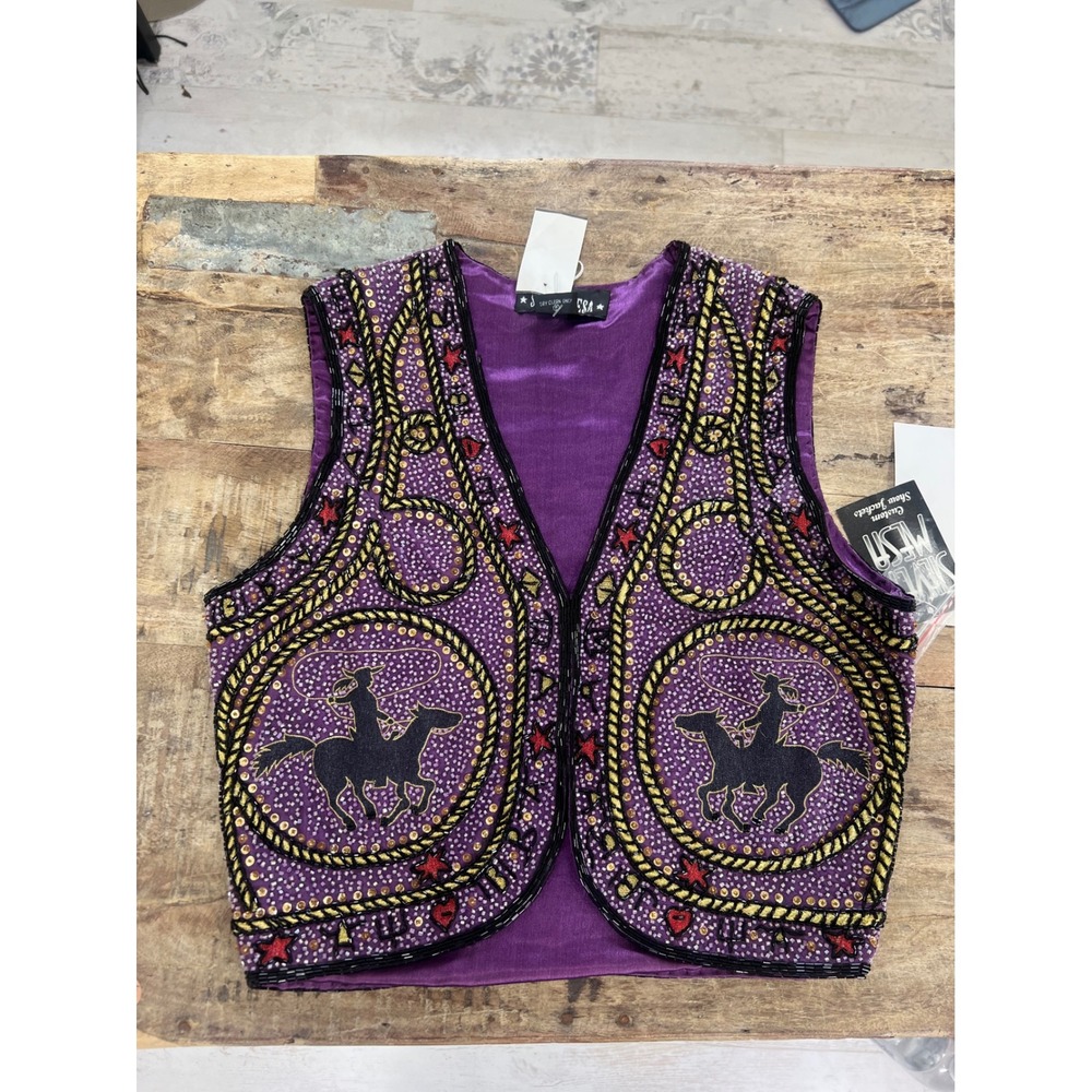 Western Style COWGIRL 100% Silk Sequin Vest Purple Novelty Horse Size S‎